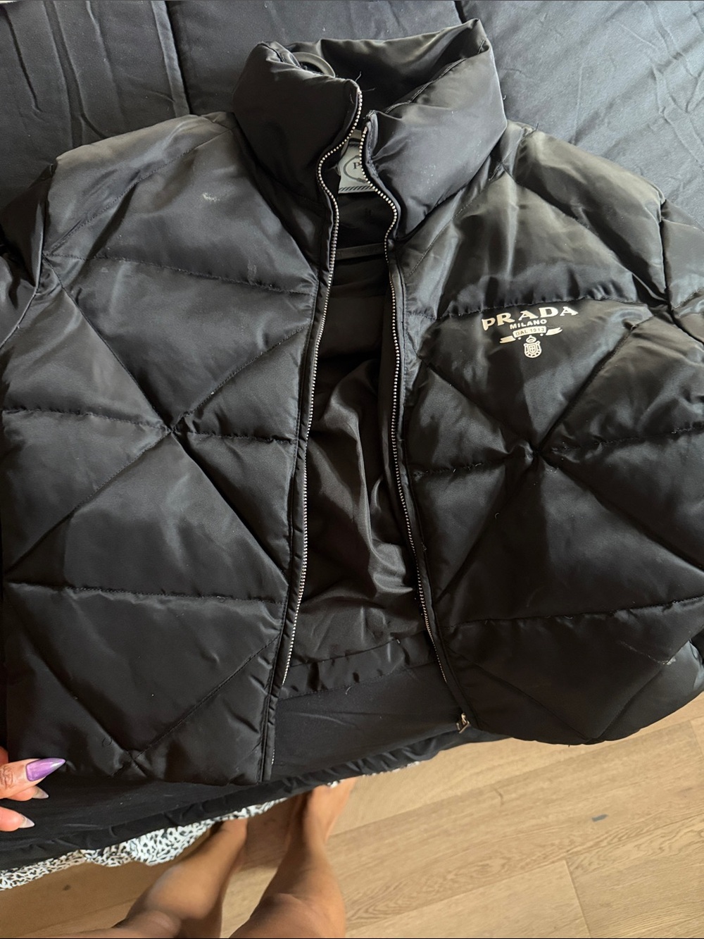 Prada Black Quilted Puffer with Logo Chest Detail